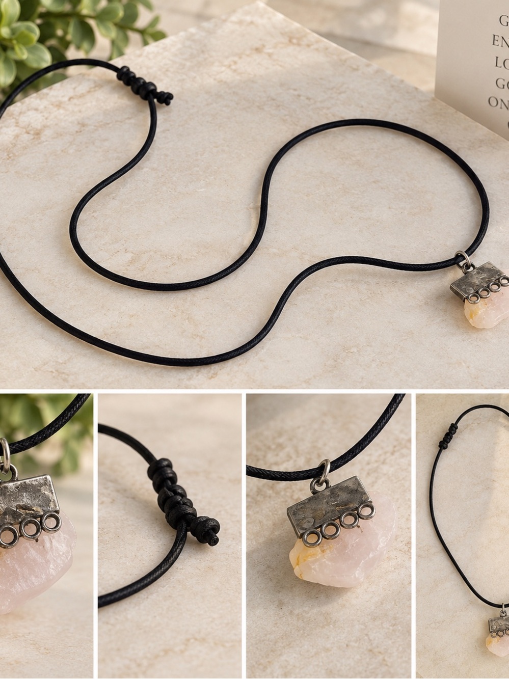 Handmade Black Cord Necklace with Rose Quartz Pendant